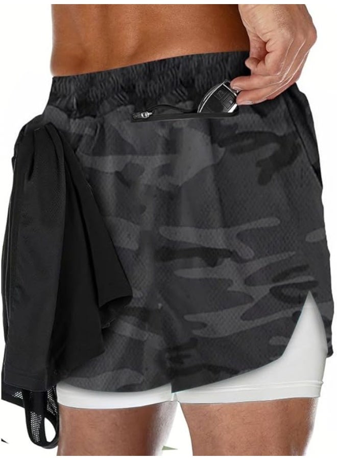 VITION Gym Shorts for Men, Men's Activewear Running Shorts,Drawstring Gym Shorts Men, 2 Layer Loose Athletic Shorts with 4 Pockets (XX-Large, Camouflage Gray White liner) - Image 3
