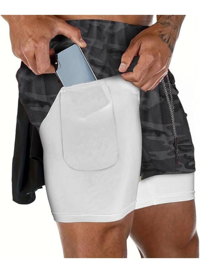 VITION Gym Shorts for Men, Men's Activewear Running Shorts,Drawstring Gym Shorts Men, 2 Layer Loose Athletic Shorts with 4 Pockets (XX-Large, Camouflage Gray White liner) - Image 4