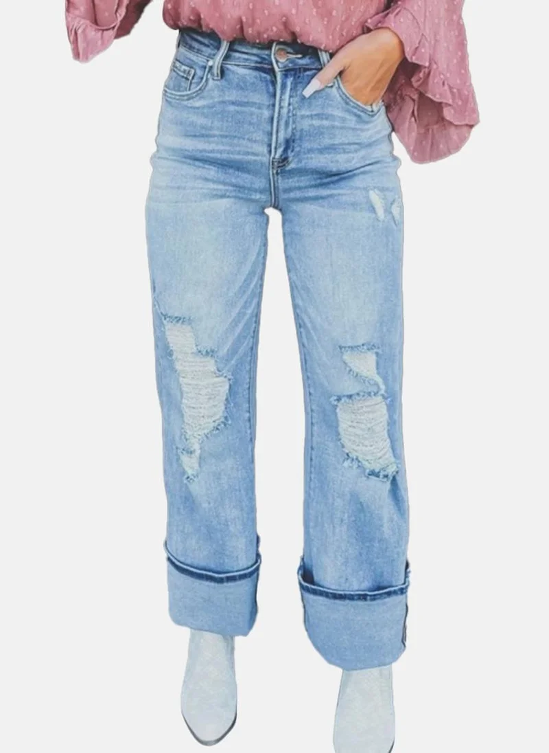 YUNIQEE Blue Bootcut Highly Distressed High-Rise Jeans