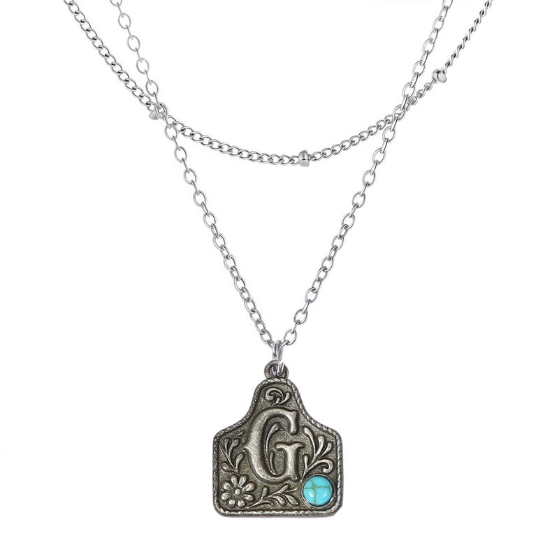 MANZHEN Western Cowgirl Initial Necklace for Men Women Layered Belt Buckle Necklaces Cow Tag Jewelry (G) - Image 1