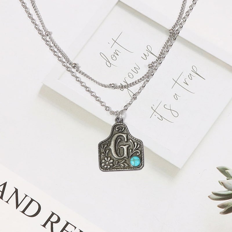 MANZHEN Western Cowgirl Initial Necklace for Men Women Layered Belt Buckle Necklaces Cow Tag Jewelry (G) - Image 3