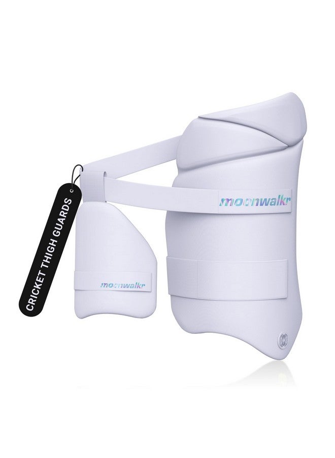 Moonwalkr Thigh Guard 2.0 Protective Gear For Batter’S Height (4’9”- 5’3”) Cricket Thigh Pad Cricket Accessories & Equipment Safeguarding Both Your Outer And Inner Thighs White (Small, Right Hand) - Image 1