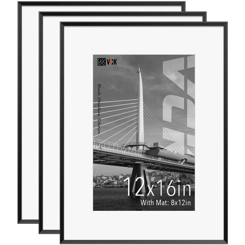 VCK 12X16 Aluminum Black Picture Frames with Real High Definition Glass 3 Pack Metal Poster Frame with Mat for 8x12 Picture or 12x16 without Mat