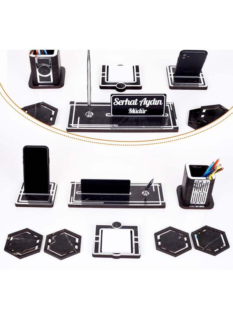 Ofistike Space+Silver Pen Holder Wooden Table Nameplate Set  - Image 1