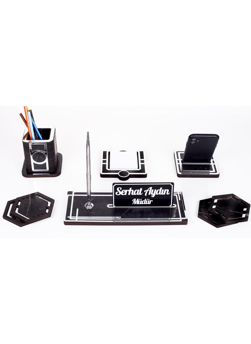 Ofistike Space+Silver Pen Holder Wooden Table Nameplate Set  - Image 2