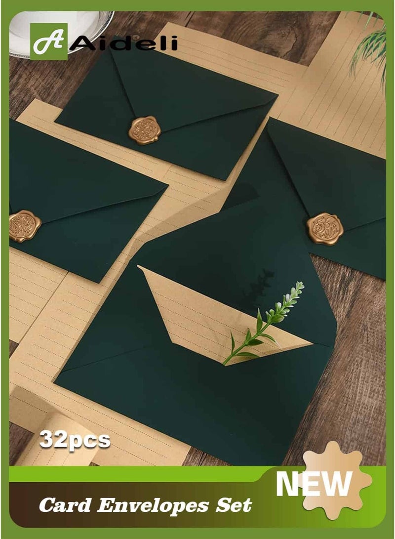 Aideli Gift Card Envelopes 32PCS Vintage Letter Writing Set – 6 Envelopes + 20 Writing Papers + 6 Wax Seal Stickers for Letters, Invitations, Weddings, Gifts Artistic Craft (Dark Green) - Image 1