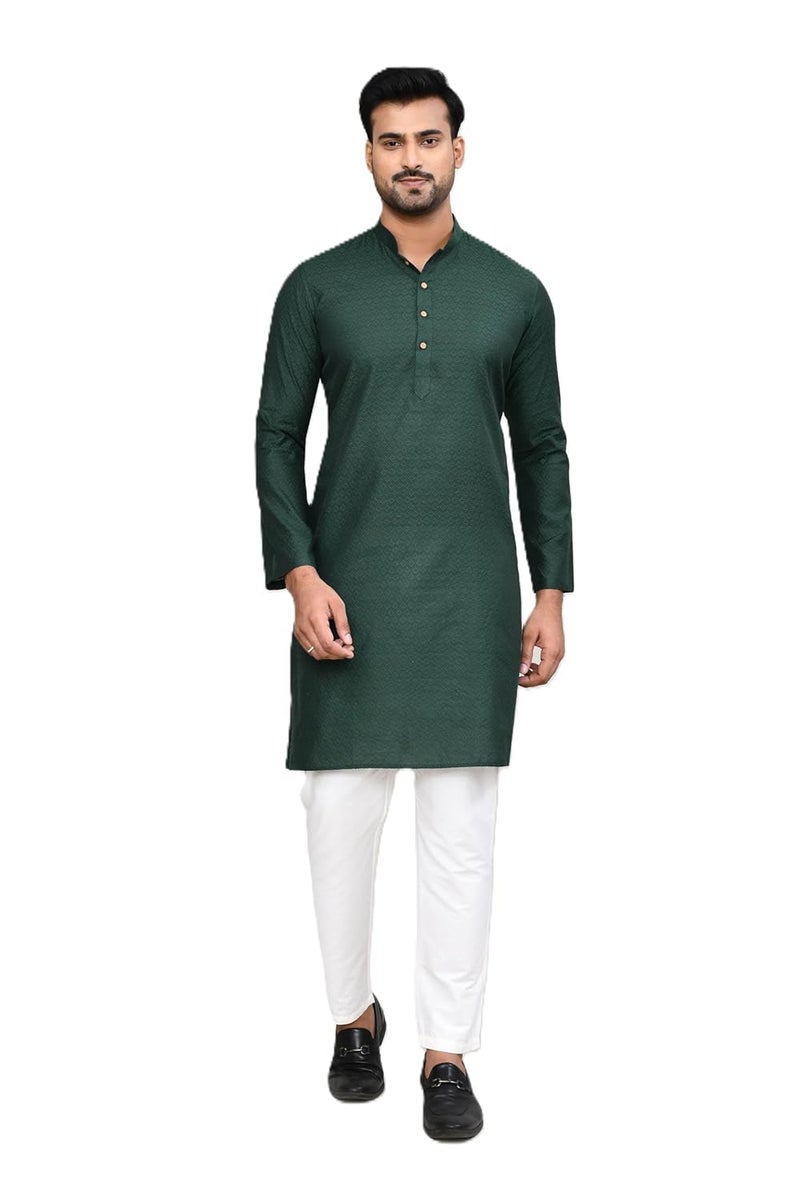 Polyfab Hathkargha Men’s Textured Cotton Kurta with White Pajama | Traditional Ethnic Wear for Festivals, Weddings & Parties - Image 1