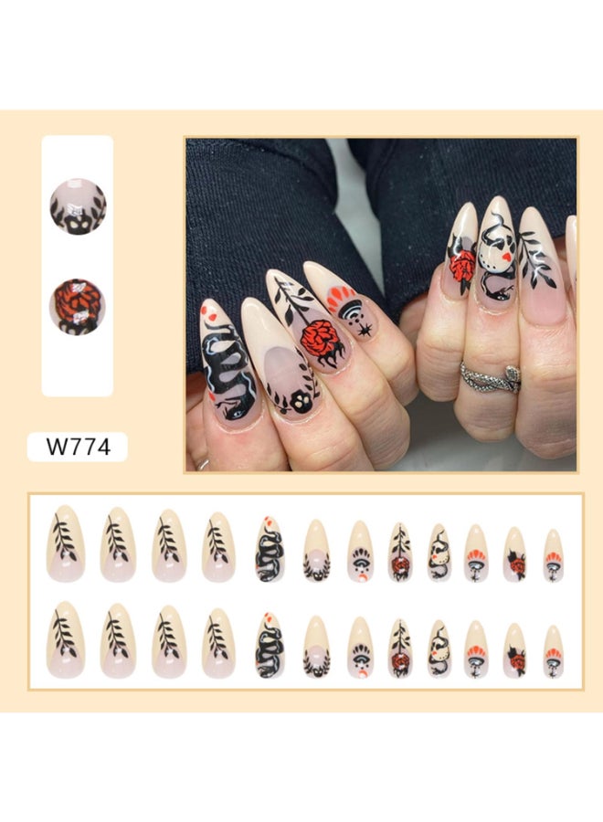 Onsdag Almond French Tip Press on NailsGlossy Long Oval Fake NailsBlack Snake Leaf Rose Eye Various Patterns False NailsAcrylic Artificial Nails for Women Charm ManicureReusable Stick on Nails with Glue - Image 4