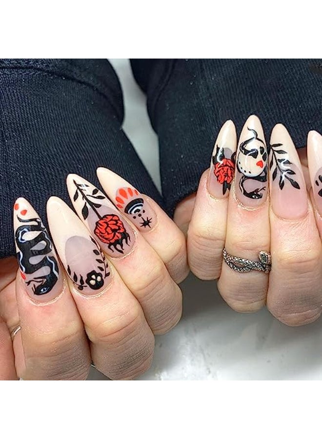 Onsdag Almond French Tip Press on NailsGlossy Long Oval Fake NailsBlack Snake Leaf Rose Eye Various Patterns False NailsAcrylic Artificial Nails for Women Charm ManicureReusable Stick on Nails with Glue - Image 1