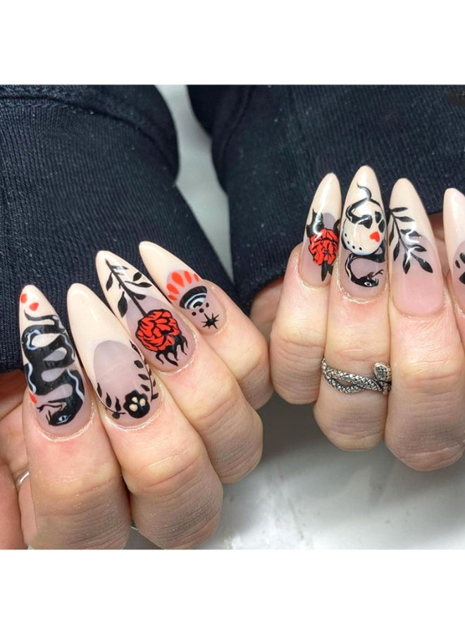 Onsdag Almond French Tip Press on NailsGlossy Long Oval Fake NailsBlack Snake Leaf Rose Eye Various Patterns False NailsAcrylic Artificial Nails for Women Charm ManicureReusable Stick on Nails with Glue - Image 2