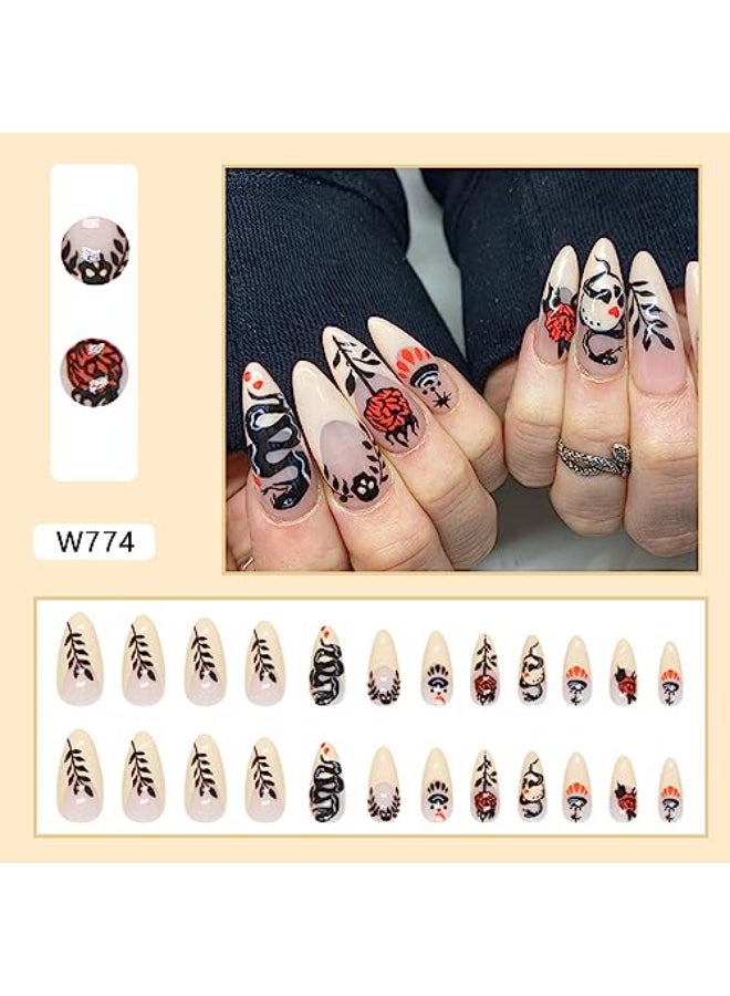 Onsdag Almond French Tip Press on NailsGlossy Long Oval Fake NailsBlack Snake Leaf Rose Eye Various Patterns False NailsAcrylic Artificial Nails for Women Charm ManicureReusable Stick on Nails with Glue - Image 3