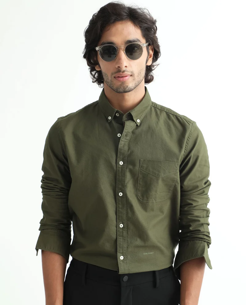 Rare Rabbit Rare Rabbit Men's Auxfo Olive Cotton Fabric Full Sleeves Solid Shirt