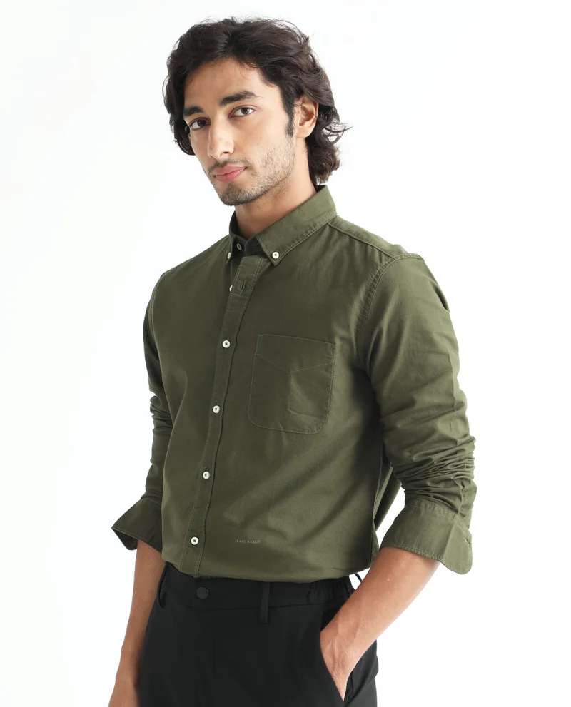 Rare Rabbit Rare Rabbit Men's Auxfo Olive Cotton Fabric Full Sleeves Solid Shirt