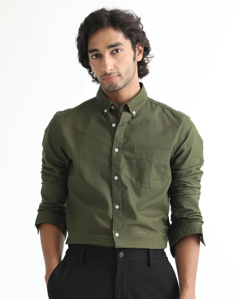 Rare Rabbit Rare Rabbit Men's Auxfo Olive Cotton Fabric Full Sleeves Solid Shirt