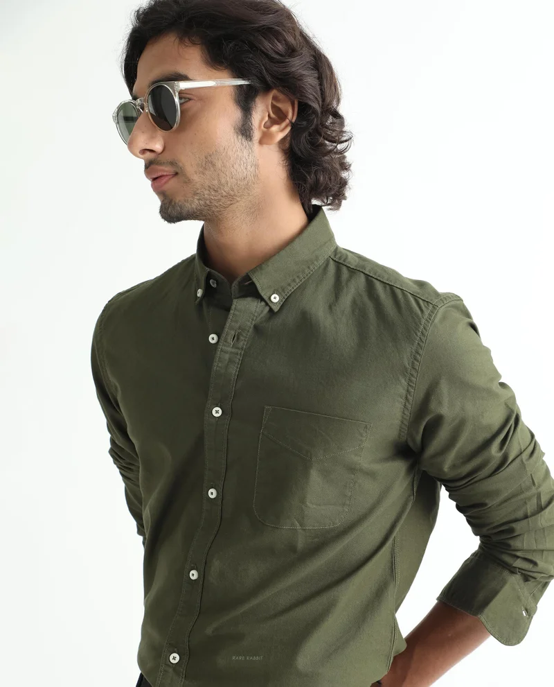 Rare Rabbit Rare Rabbit Men's Auxfo Olive Cotton Fabric Full Sleeves Solid Shirt