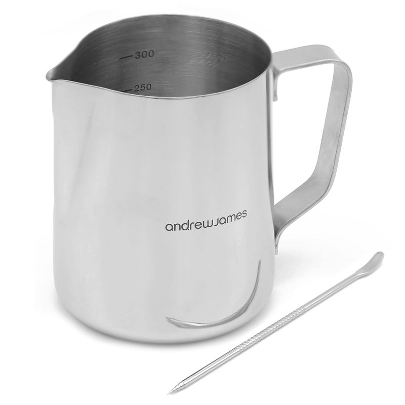 Andrew James 350600ml Stainless Steel Milk Jug for Frothing Milk  Barista Style Metal Jug for Coffee Machine  Steady Pour Lip and Measuring Scale  Included Milk Art Pen 350ml