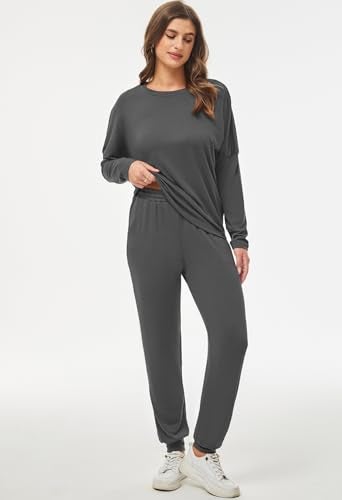 Fixmatti Women 2 Piece Outfit Casual T-Shirt High Waisted Pants Set Tracksuit S Dark Grey - Image 4