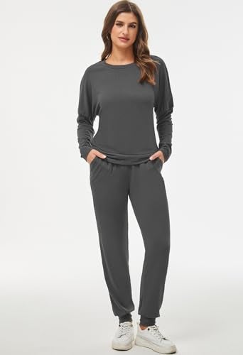 Fixmatti Women 2 Piece Outfit Casual T-Shirt High Waisted Pants Set Tracksuit S Dark Grey - Image 3