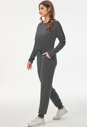 Fixmatti Women 2 Piece Outfit Casual T-Shirt High Waisted Pants Set Tracksuit S Dark Grey - Image 5