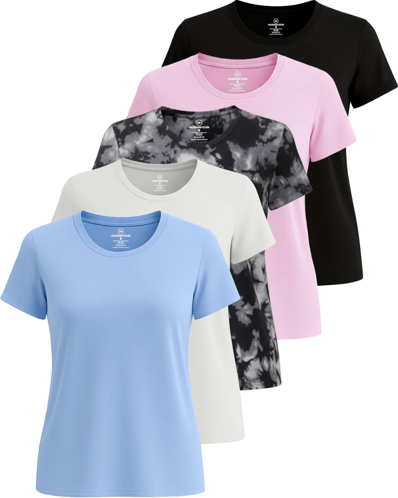 REALESSENTIALS Real Essentials 5 Pack: Women's Short Sleeve T-Shirts Workout Tops Fitness Pilates Gym Activewear Athletic (Plus Available), Set 16, XL, Pack of 5 - Image 1