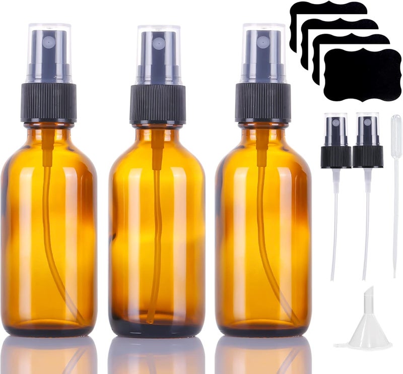 2oz Glass Spray Bottles,Empty Small Perfume Travel Refillable Reusable Fine Mister Spray Bottle for Hair,Cleaning Solutions,Aromatherapy and Essential Oil with Extra Nozzle (3 pack, Amber)