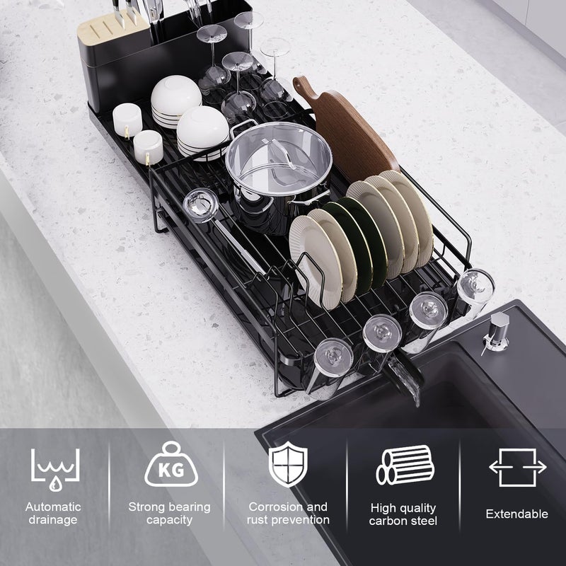 Runnatal Dish Drying Rack Extendable, Large Dish Rack with Drainboard, Utensil Holder, Cup Holder, Expandable Dish Drainer for Kitchen Counter, 20.5"-27.6" L x 12.6" W - Image 3