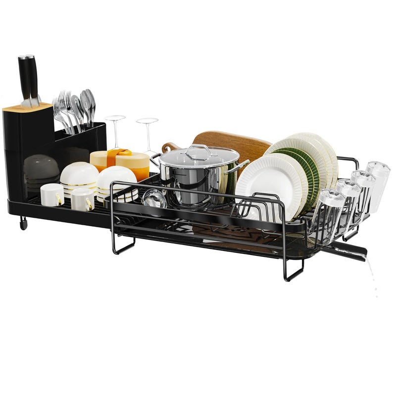 Runnatal Dish Drying Rack Extendable, Large Dish Rack with Drainboard, Utensil Holder, Cup Holder, Expandable Dish Drainer for Kitchen Counter, 20.5"-27.6" L x 12.6" W - Image 1