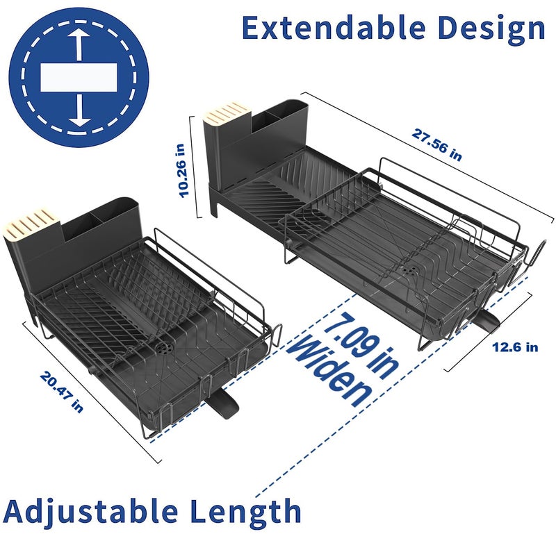 Runnatal Dish Drying Rack Extendable, Large Dish Rack with Drainboard, Utensil Holder, Cup Holder, Expandable Dish Drainer for Kitchen Counter, 20.5"-27.6" L x 12.6" W - Image 2