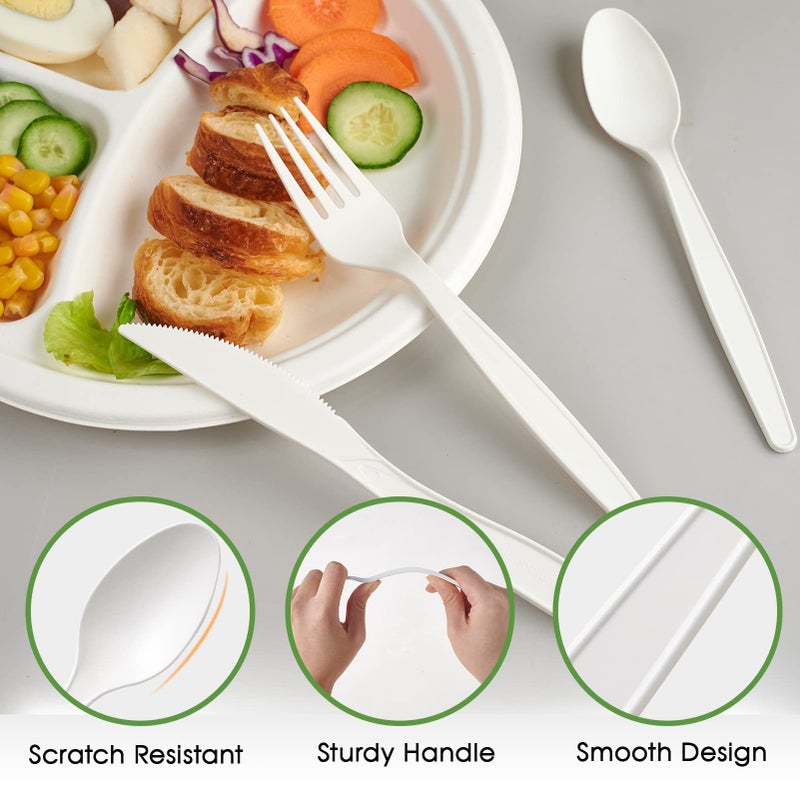 ECOLipak 350 Pcs Compostable Cutlery Set  7 Inch Large Size Biodegradable Disposable Silverware Set 150 Forks 100 Spoons 100 Knives  Heavy Duty Bio based CPLA Utensils for Party  BBQ  Picnic - Image 5
