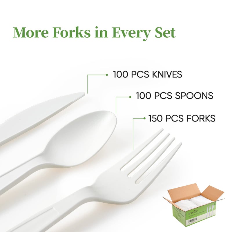 ECOLipak 350 Pcs Compostable Cutlery Set  7 Inch Large Size Biodegradable Disposable Silverware Set 150 Forks 100 Spoons 100 Knives  Heavy Duty Bio based CPLA Utensils for Party  BBQ  Picnic - Image 2