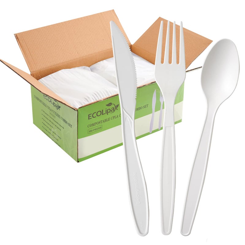 ECOLipak 350 Pcs Compostable Cutlery Set  7 Inch Large Size Biodegradable Disposable Silverware Set 150 Forks 100 Spoons 100 Knives  Heavy Duty Bio based CPLA Utensils for Party  BBQ  Picnic - Image 1