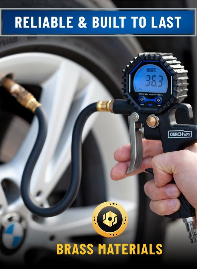 GERCHWAY Digital Tire Pressure Gauge with Inflator (3-200 PSI), Heavy Duty Air Chuck and Compressor Accessories with Swivel Air Chuck, Longer Hose, Large Display (0.1 Res) - Image 5
