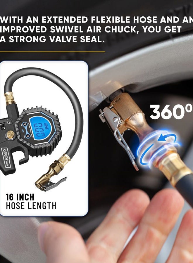 GERCHWAY Digital Tire Pressure Gauge with Inflator (3-200 PSI), Heavy Duty Air Chuck and Compressor Accessories with Swivel Air Chuck, Longer Hose, Large Display (0.1 Res) - Image 3