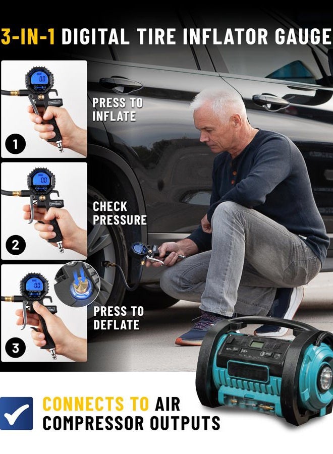 GERCHWAY Digital Tire Pressure Gauge with Inflator (3-200 PSI), Heavy Duty Air Chuck and Compressor Accessories with Swivel Air Chuck, Longer Hose, Large Display (0.1 Res) - Image 2