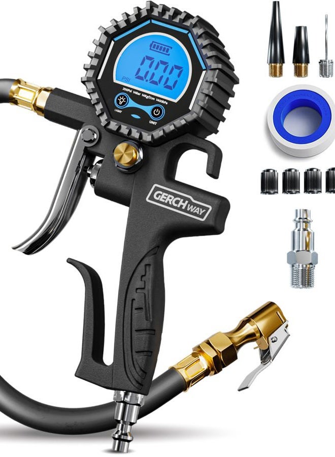 GERCHWAY Digital Tire Pressure Gauge with Inflator (3-200 PSI), Heavy Duty Air Chuck and Compressor Accessories with Swivel Air Chuck, Longer Hose, Large Display (0.1 Res) - Image 1