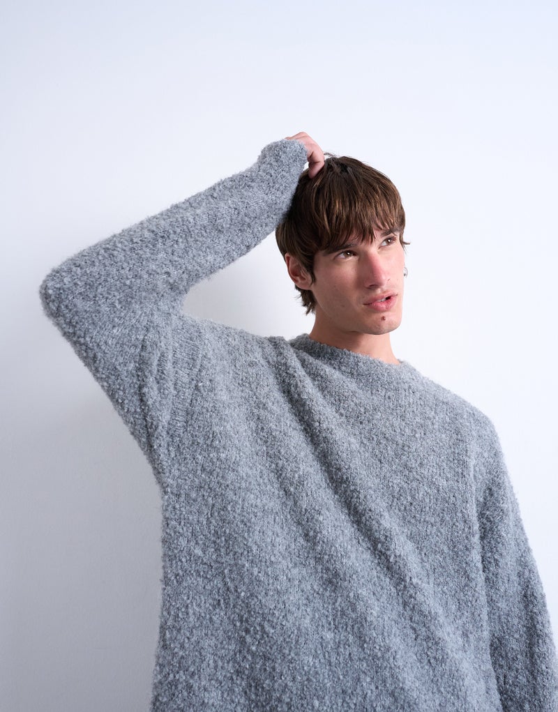 TOPMAN Relaxed Fit Boucle Jumper In Light Grey - Image 3