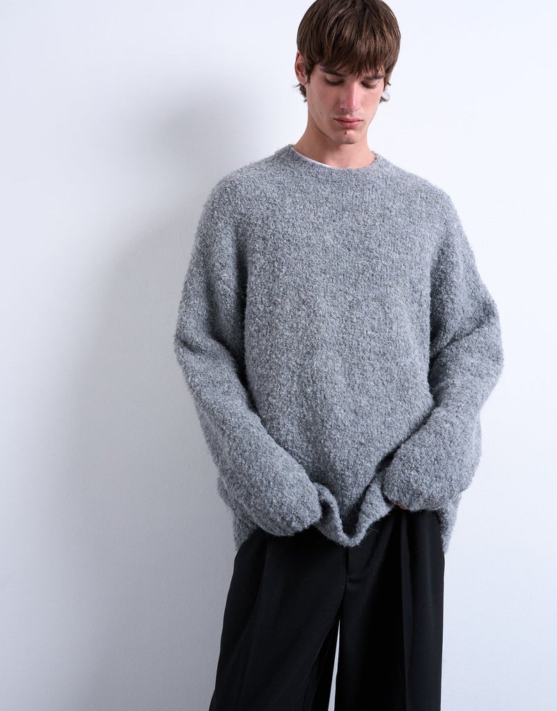 TOPMAN Relaxed Fit Boucle Jumper In Light Grey - Image 1