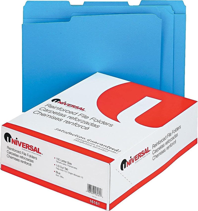 Universal One Universal 16161 Colored File Folders, 1/3 Cut Assorted, Two-Ply Top Tab, Letter, Blue (Box of 100) - Image 2