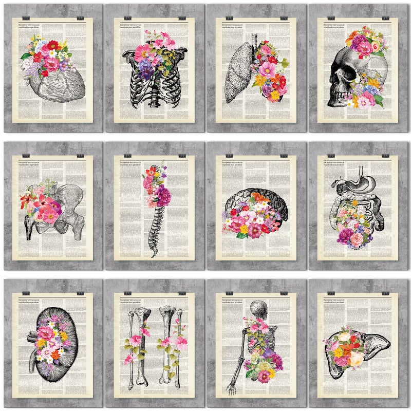 Jetec 12 Pieces Medical Dictionary Art Set 8 x 10 Inch Anatomy Decor Vintage Anatomical Posters Vintage Floral Human Wall Decor for Doctor Office Clinic Gift for Nurses Med