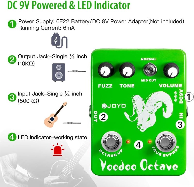 JOYO Octave Fuzz Pedal Germanium Fuzz 60's Rock Effect with "Mid-cut" for Electric Guitar - True Bypass (Voodoo Fuzz JF-12) - Image 5