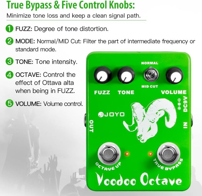 JOYO Octave Fuzz Pedal Germanium Fuzz 60's Rock Effect with "Mid-cut" for Electric Guitar - True Bypass (Voodoo Fuzz JF-12) - Image 3