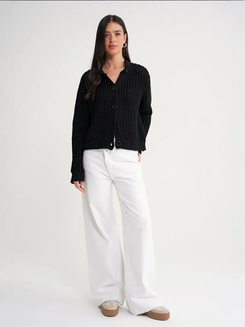 MixRay Mixray Textured Ribbed Knit Cardigan with Buttons