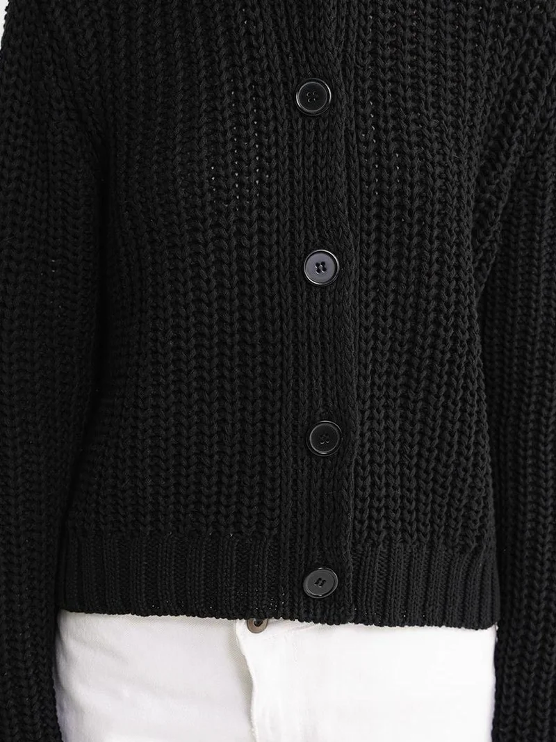 MixRay Black Mixray Textured Ribbed Knit Cardigan with Buttons for Women | Best Price UAE