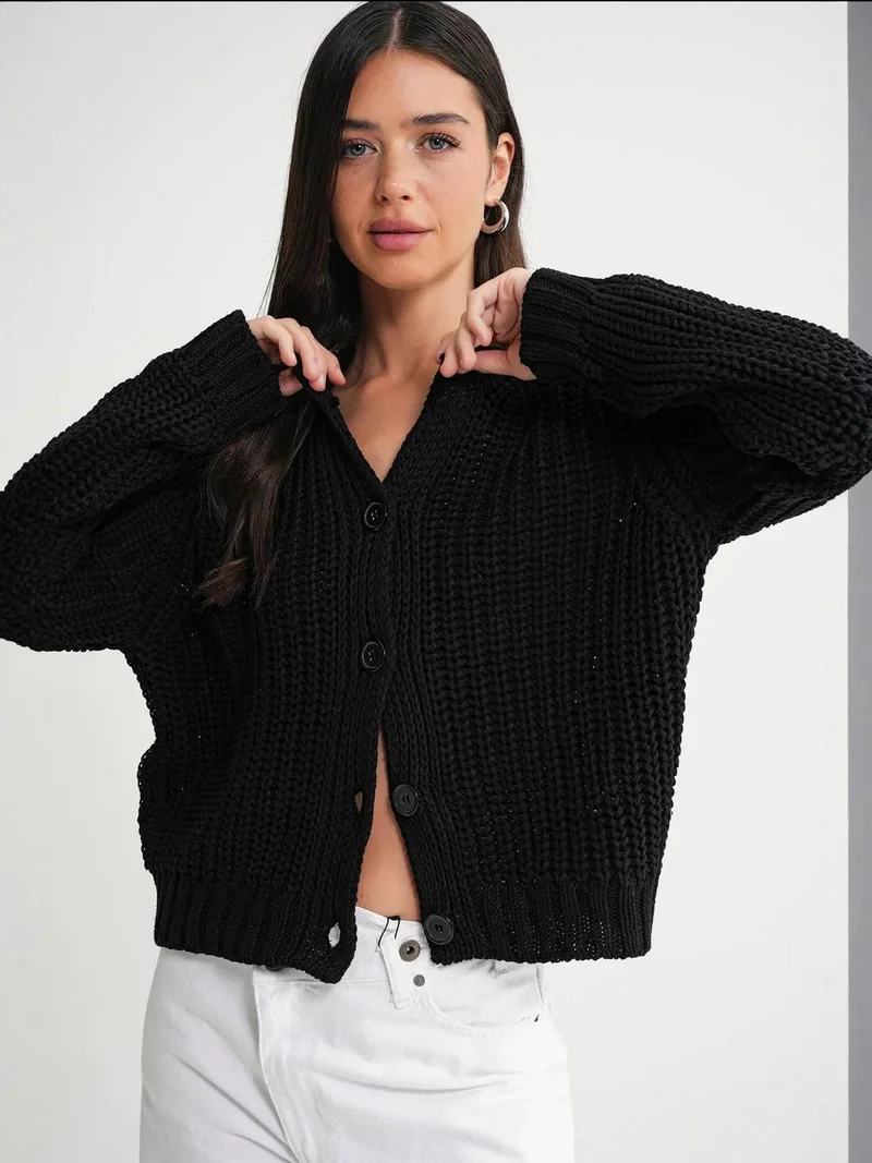 MixRay Black Mixray Textured Ribbed Knit Cardigan with Buttons for Women | Best Price UAE