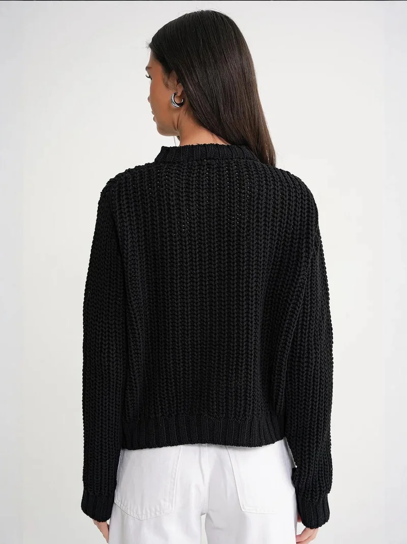 MixRay Black Mixray Textured Ribbed Knit Cardigan with Buttons for Women | Best Price UAE