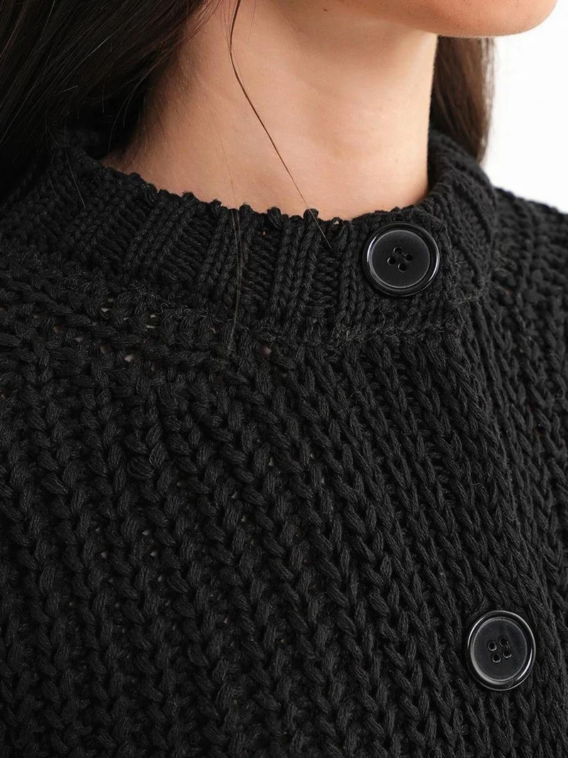 MixRay Black Mixray Textured Ribbed Knit Cardigan with Buttons for Women | Best Price UAE