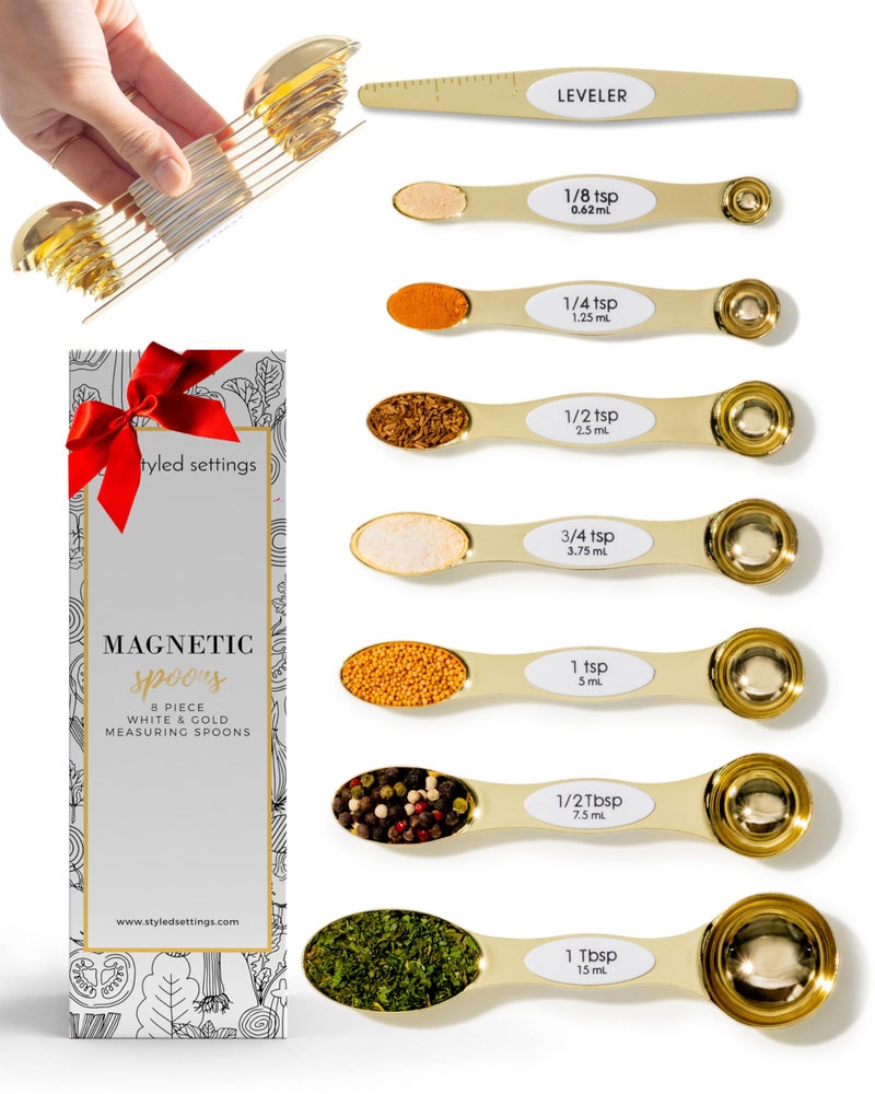 White and Gold Magnetic Measuring Spoons Stainless Steel Double Sided Measuring Spoons for Cooking and Baking Cute White and Gold Kitchen Accessories Ideal for Gifting
