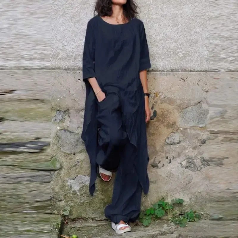 2026 Spring/Summer Casual Loose Top with Irregular Hem, Round Neck, 3/4 Sleeves, Cotton and Linen Set Shirt - Image 3