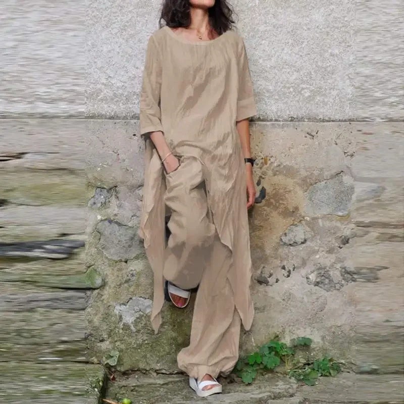 2026 Spring/Summer Casual Loose Top with Irregular Hem, Round Neck, 3/4 Sleeves, Cotton and Linen Set Shirt - Image 4