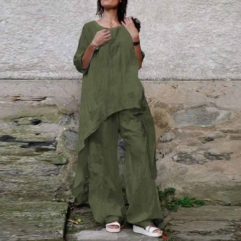 2026 Spring/Summer Casual Loose Top with Irregular Hem, Round Neck, 3/4 Sleeves, Cotton and Linen Set Shirt - Image 5